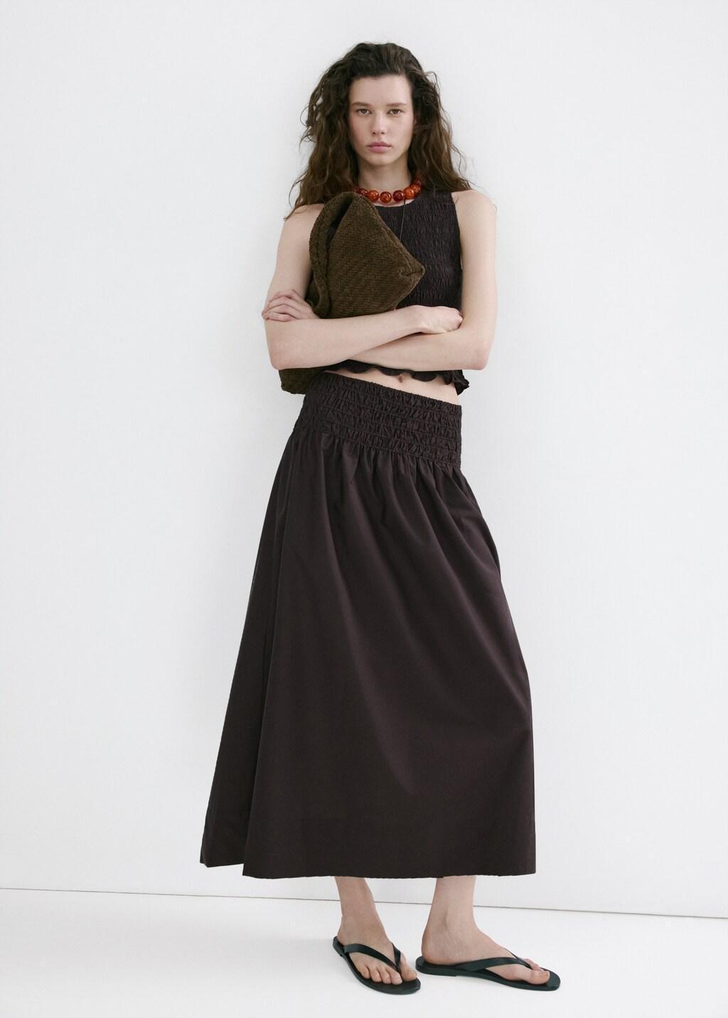 Brown Lyocell Skirt With Ruched Waist, Dark Brown, medium