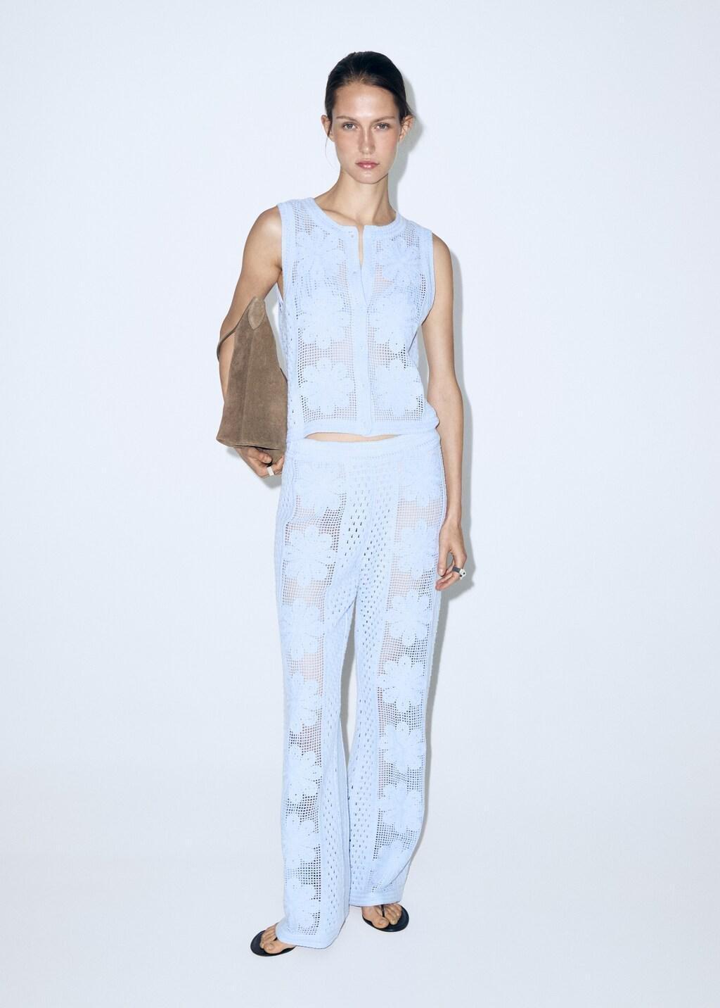 Blue Lt Pastel Embroidered Openwork Knit Gilet, Light-Pastel Blue, large image number 0