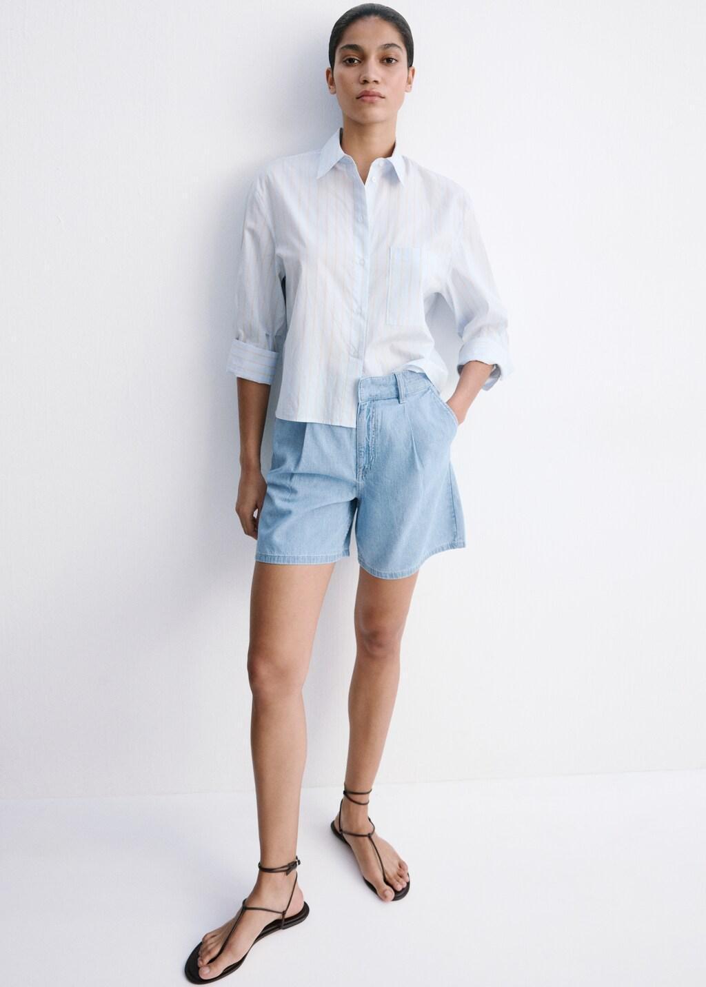 Blue Mid-Rise Denim Bermuda Shorts With Pleats, Open Blue, large image number 0