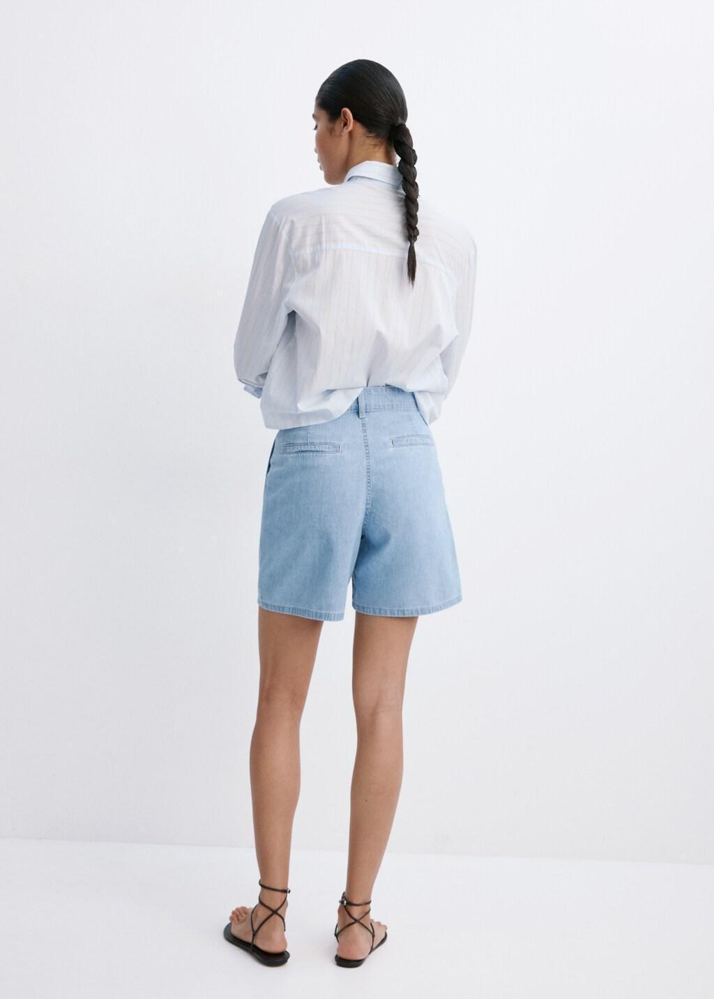 Blue Mid-Rise Denim Bermuda Shorts With Pleats, Open Blue, large image number 2