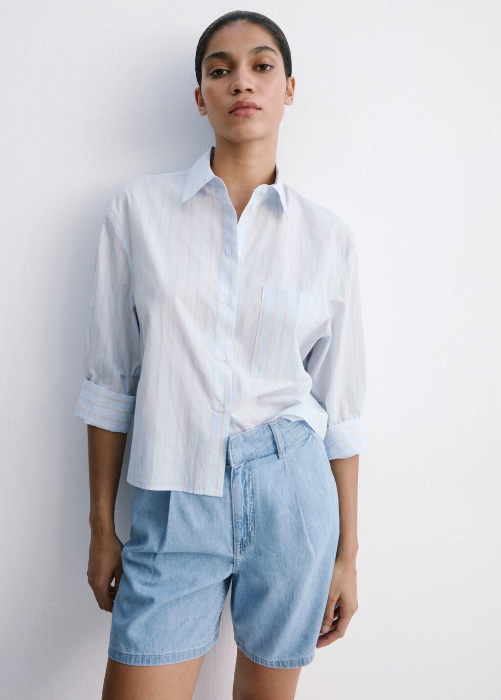 Blue Mid-Rise Denim Bermuda Shorts With Pleats, Open Blue, large image number 3