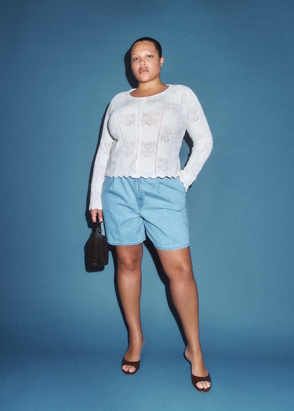 Blue Mid-Rise Denim Bermuda Shorts With Pleats, Open Blue, large image number 7