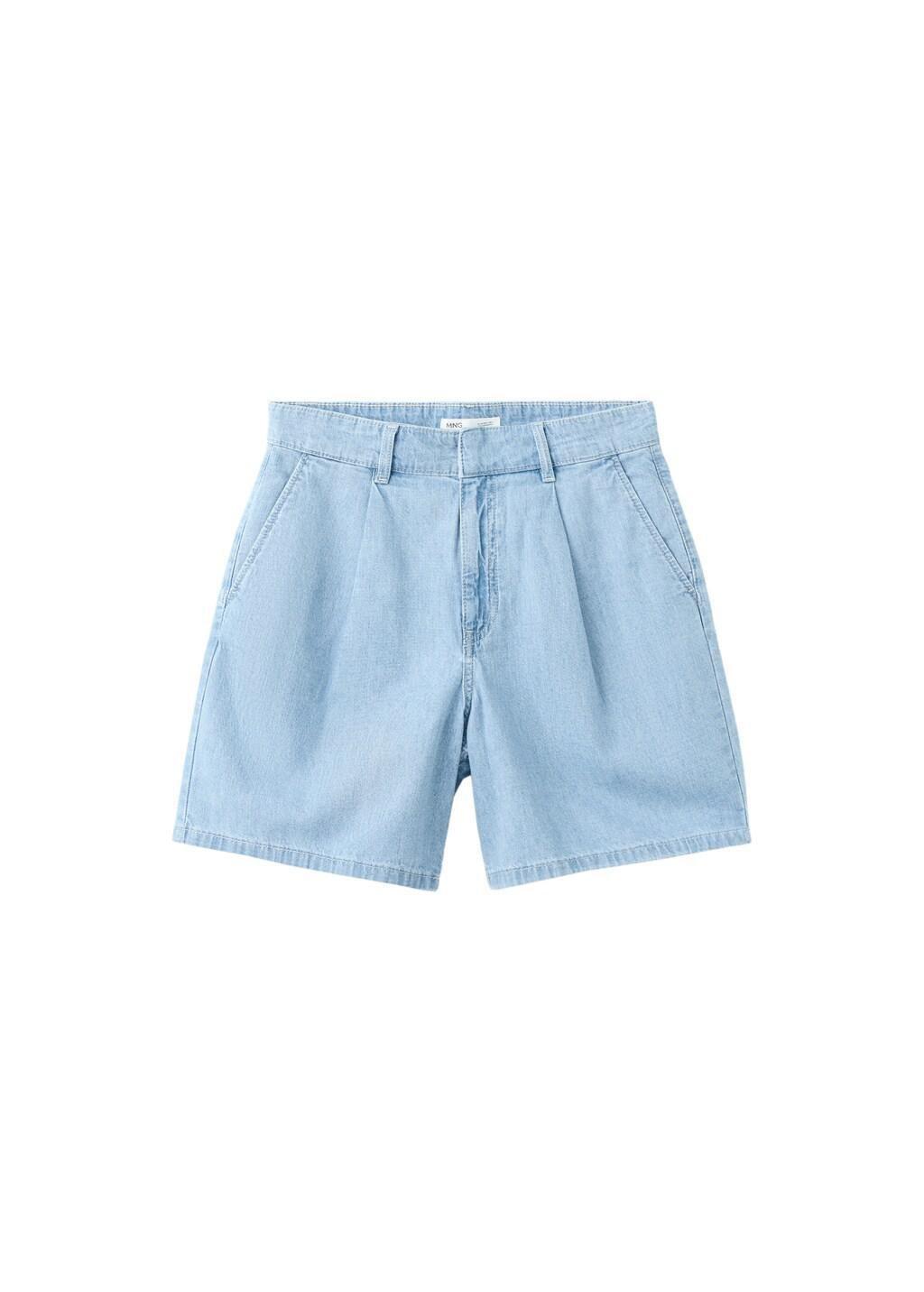 Blue Mid-Rise Denim Bermuda Shorts With Pleats, Open Blue, large image number 8