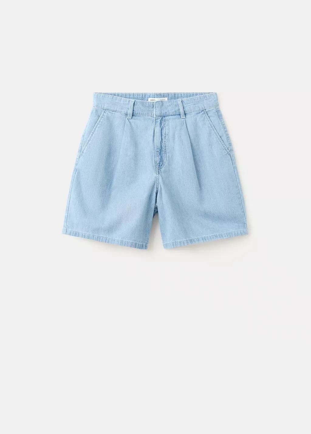 Blue Mid-Rise Denim Bermuda Shorts With Pleats, Open Blue, large image number 9