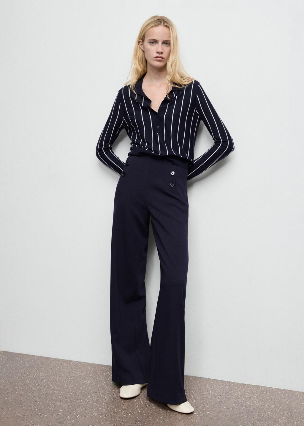 Navy Wide Leg Trousers With Buttons, 0201_56, large image number 0