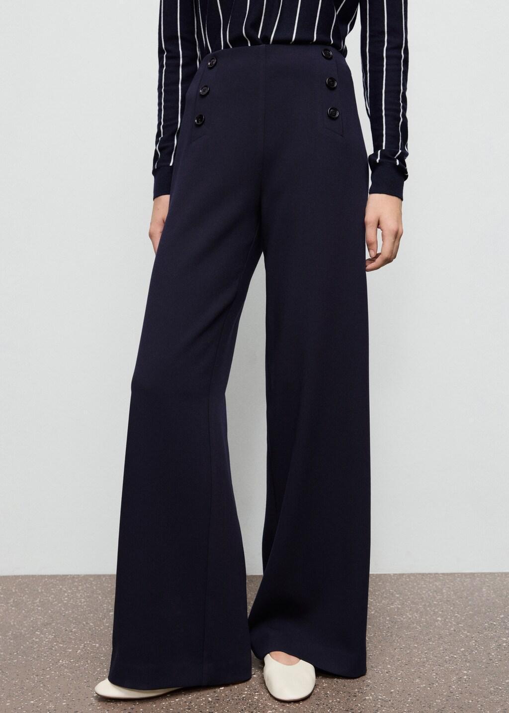 Navy Wide Leg Trousers With Buttons, 0201_56, large image number 3