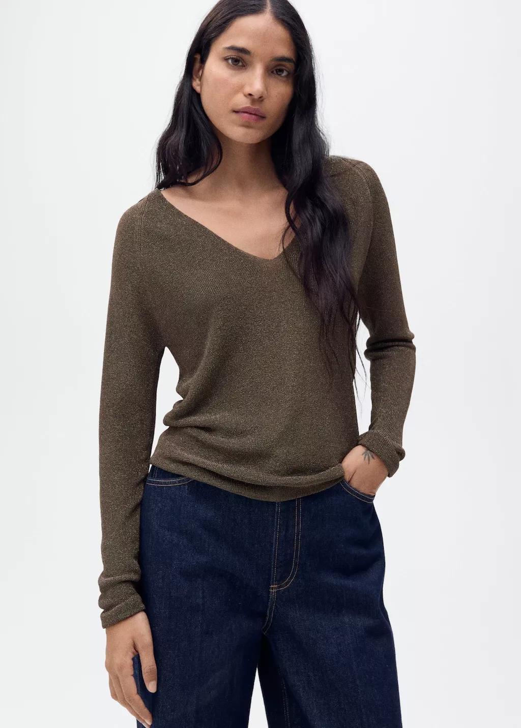 Brown V-Neck Lurex Sweater, Dark Brown, large image number 3