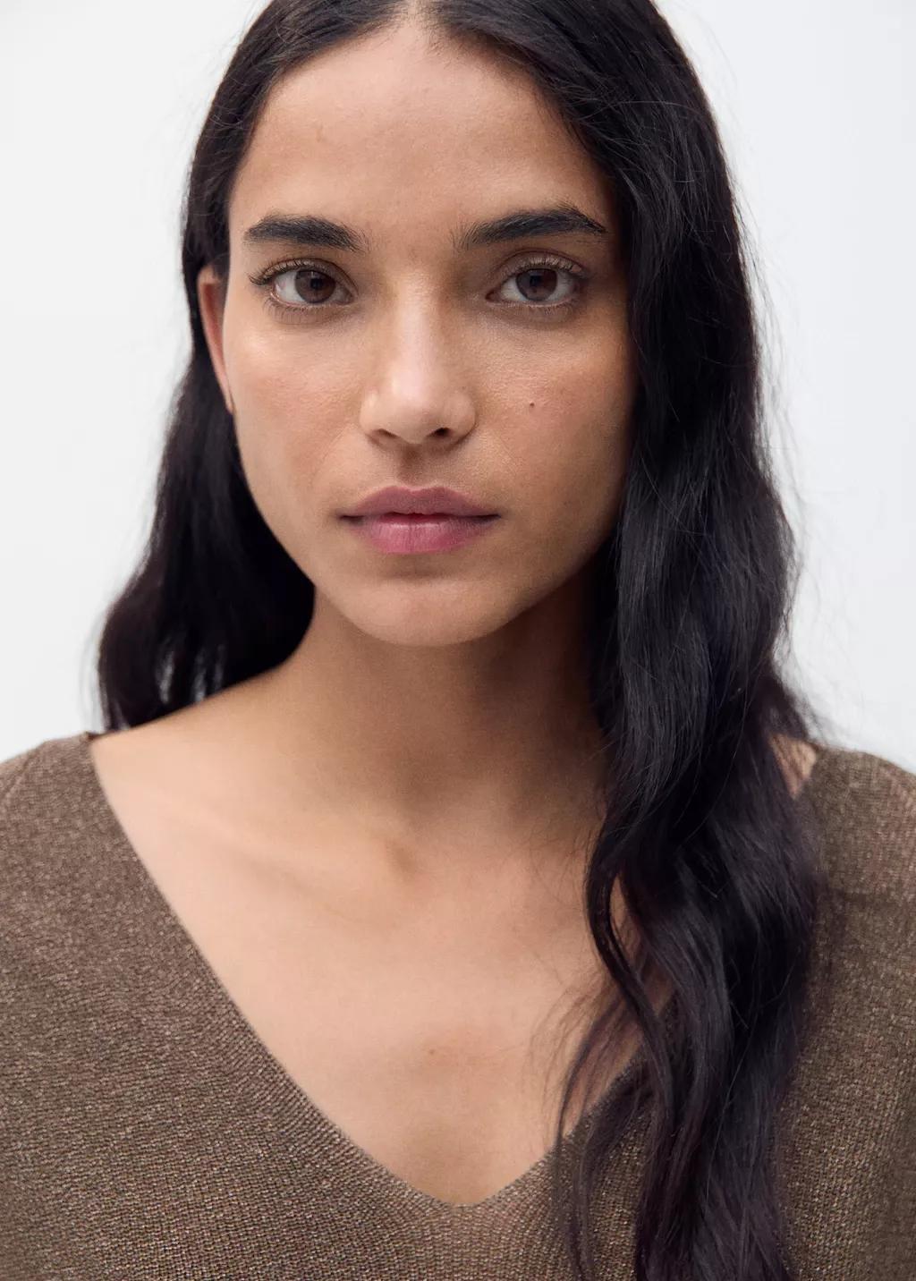 Brown V-Neck Lurex Sweater, Dark Brown, large image number 4