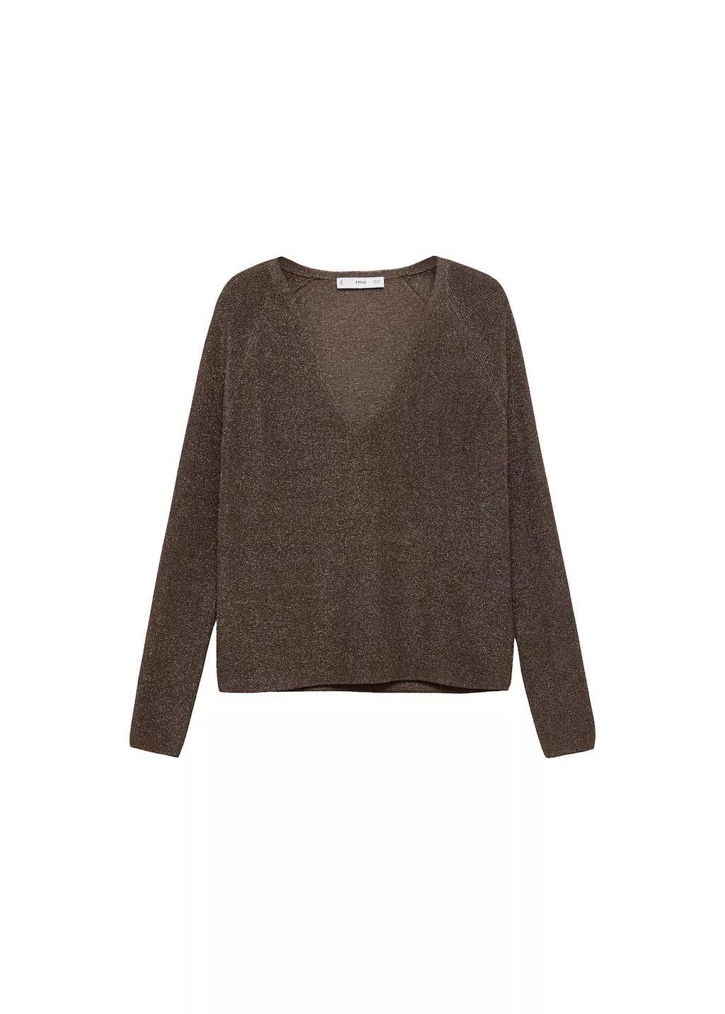 Brown V-Neck Lurex Sweater, Dark Brown, large image number 6