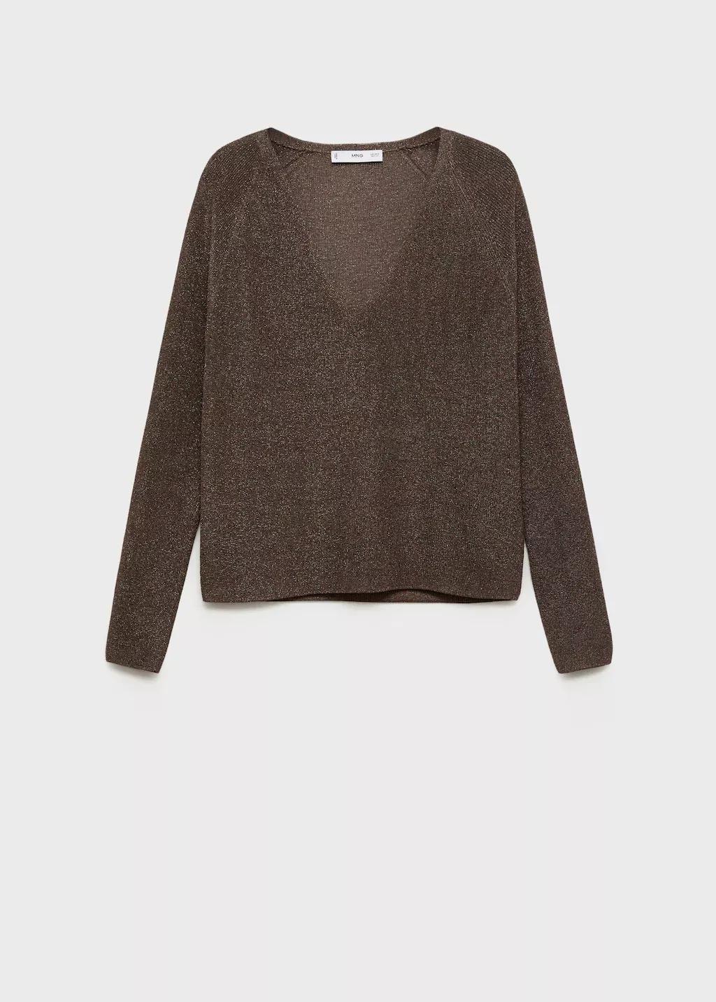 Brown V-Neck Lurex Sweater, Dark Brown, large image number 7