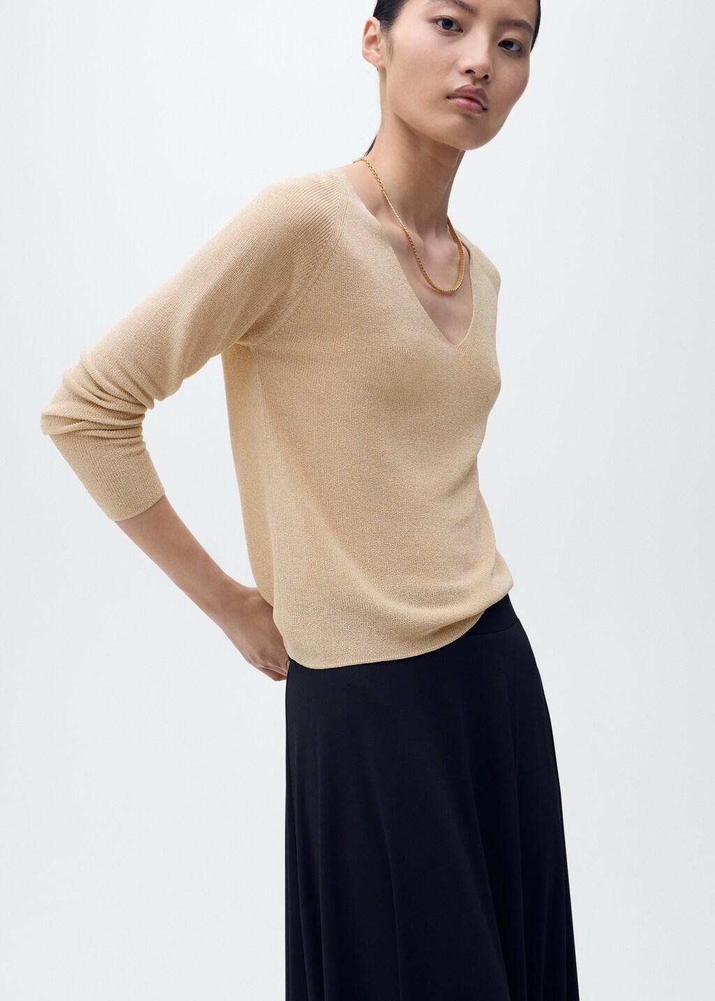 Gold V-Neck Lurex Sweater, 0201_OR, large image number 3