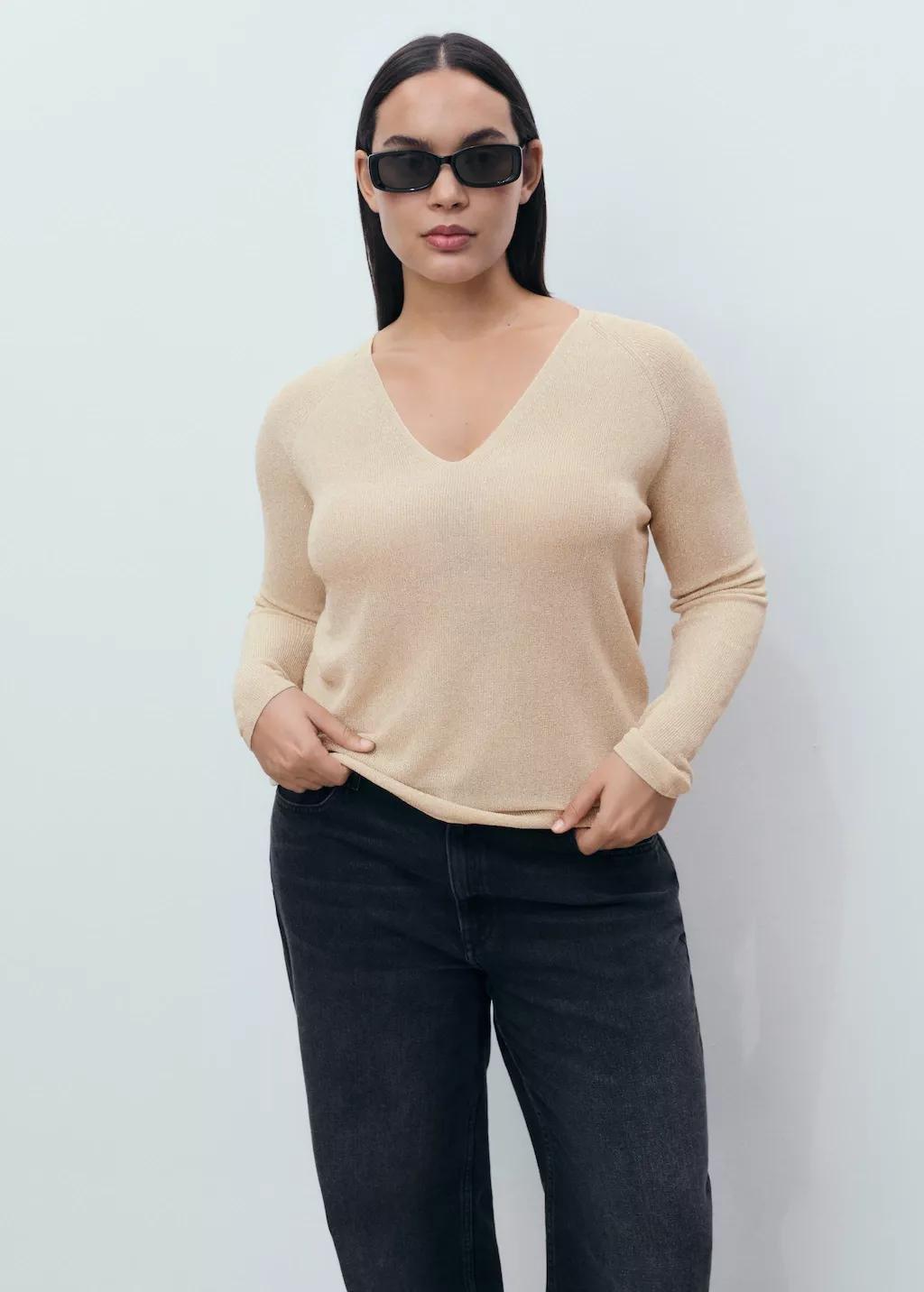 Gold V-Neck Lurex Sweater, 0201_OR, large image number 6