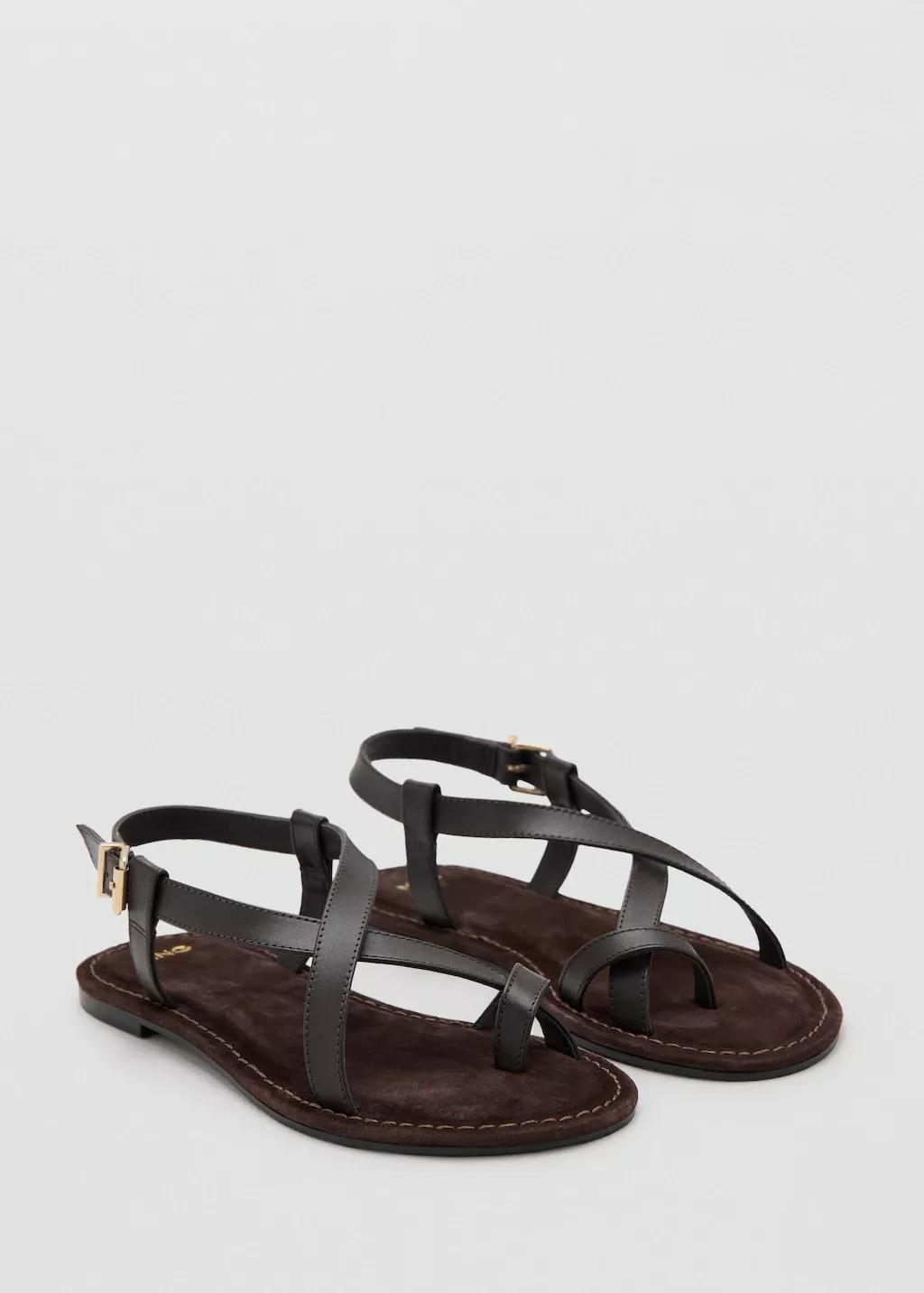 Brown Cross-Strap Leather Sandals, Dark Brown, large image number 1