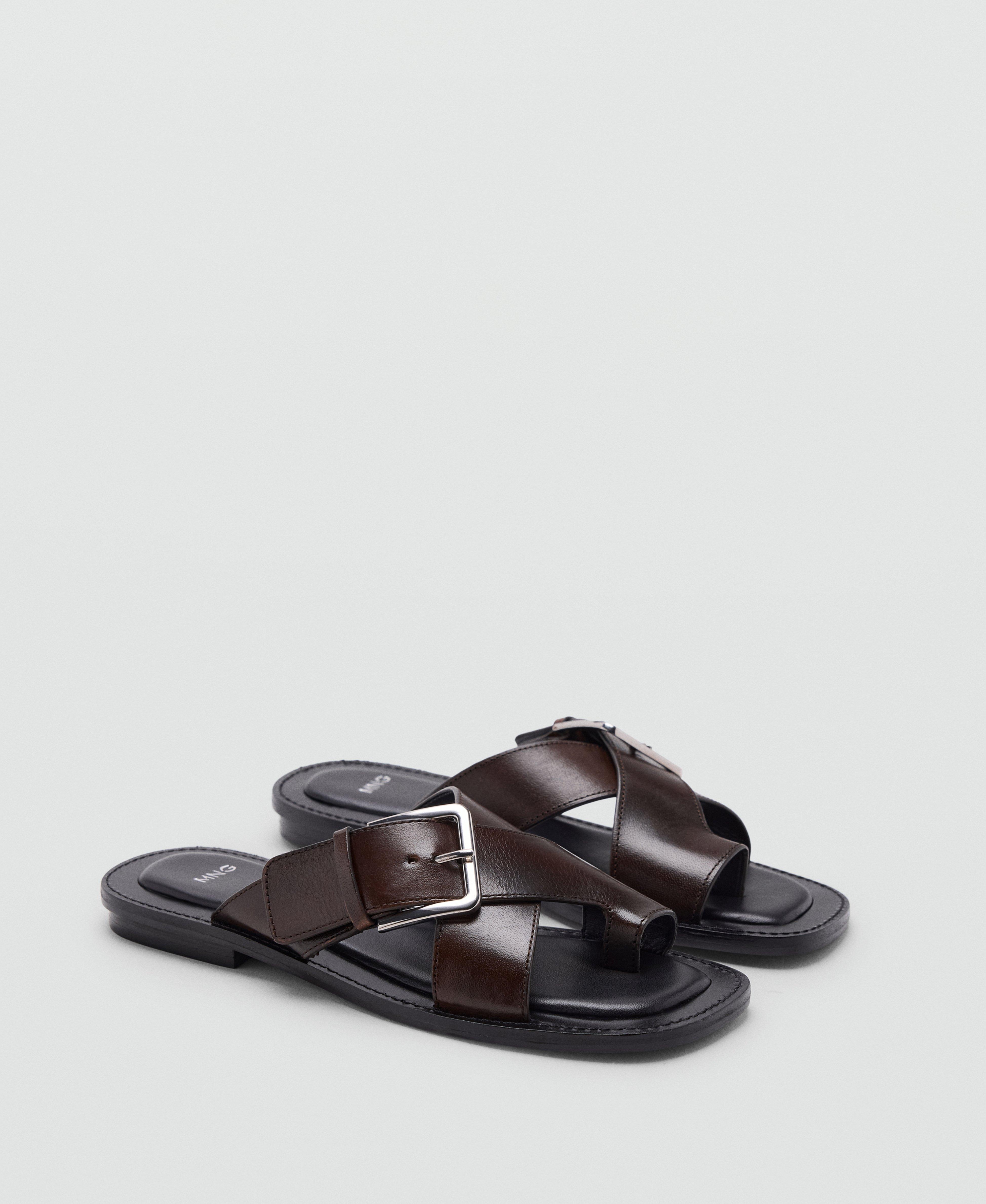 Red Cross-Strap Leather Sandals, Dark Red, large image number 1