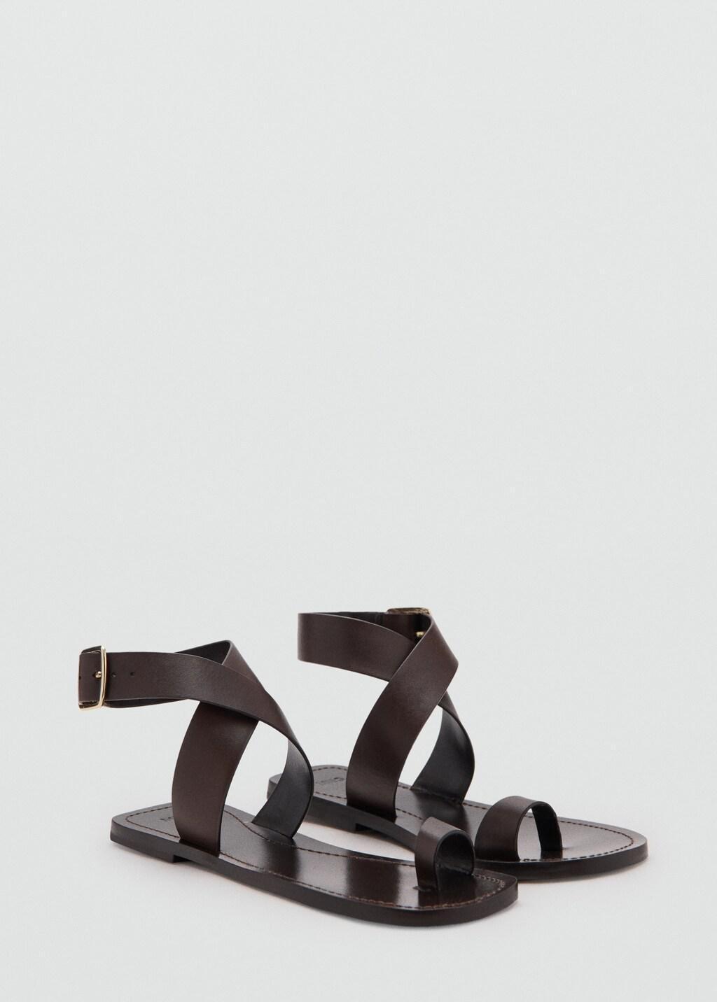 Brown Flat Leather Sandal, Dark Brown, large image number 1