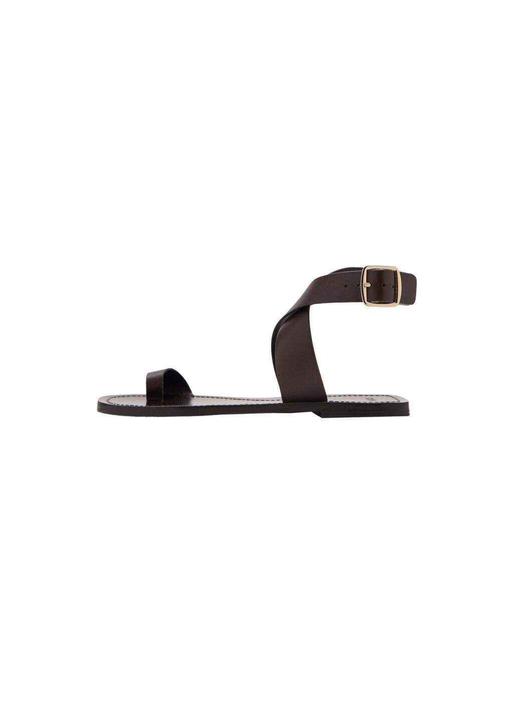 Brown Flat Leather Sandal, Dark Brown, large image number 3