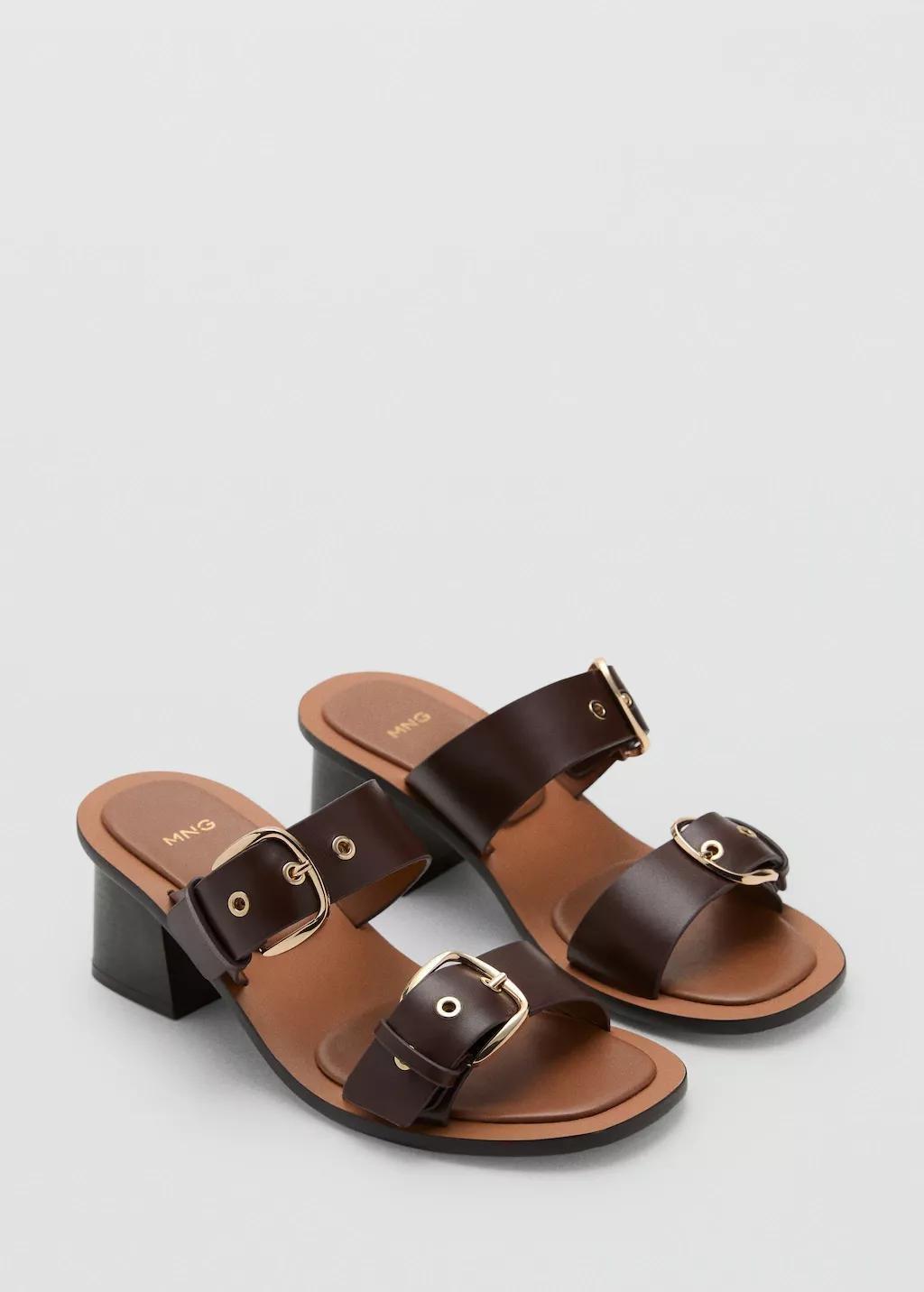 Brown Leather Heeled Sandals With Buckles, Brown, large image number 0