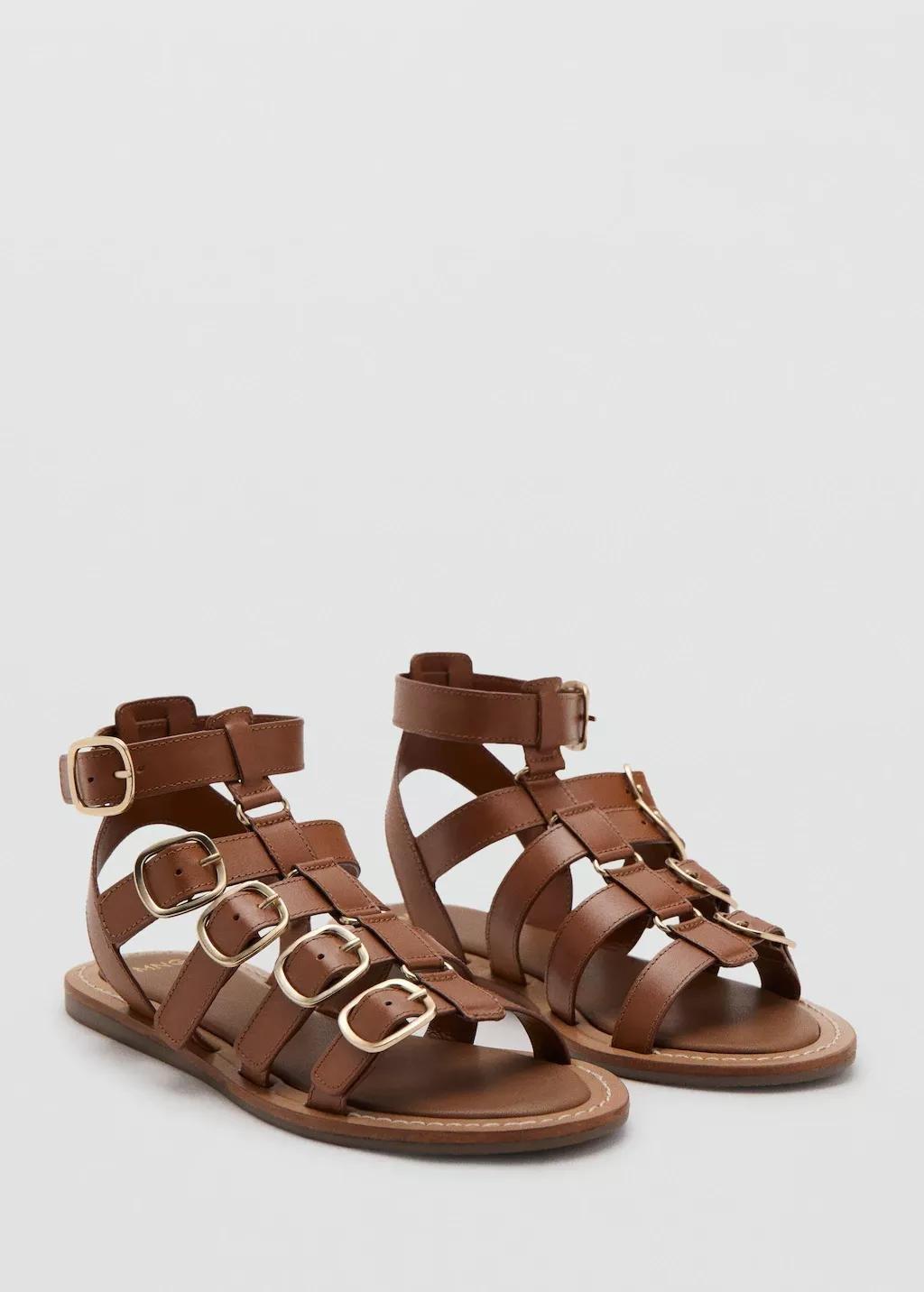 Brown Leather Strap Sandals With Buckles, 0201_CU, large image number 0