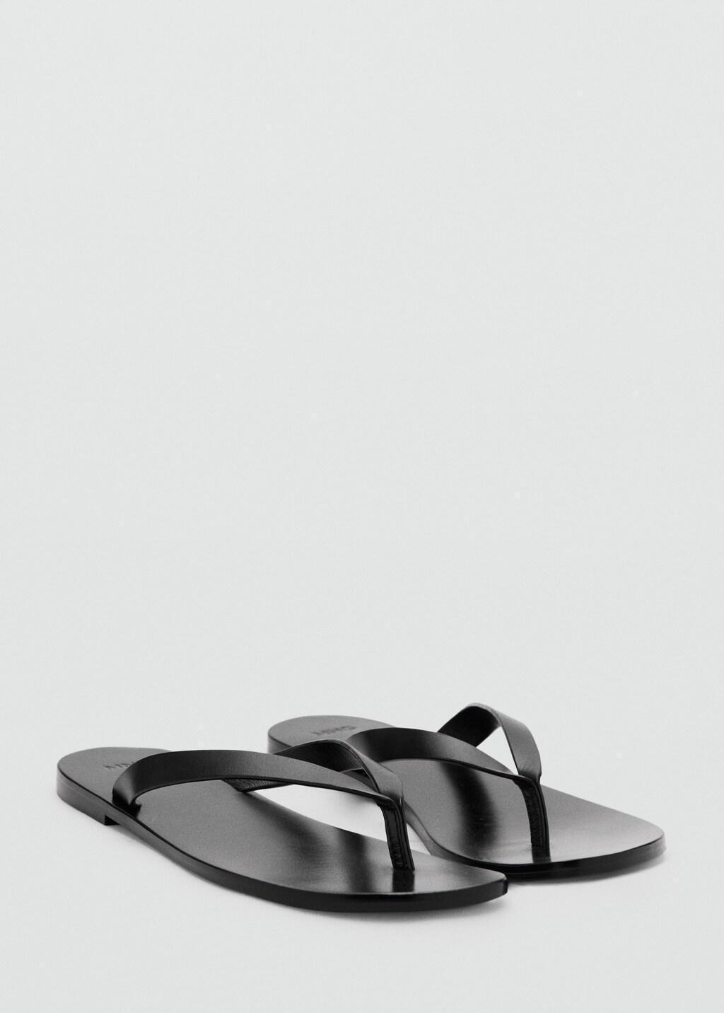 Black Leather Strap Sandals, Black, large image number 0