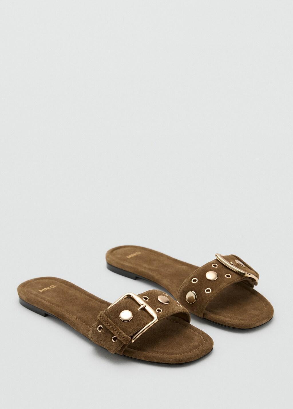 Brown Lt Pastel Buckle Leather Sandals, Light Pastel Brown, medium