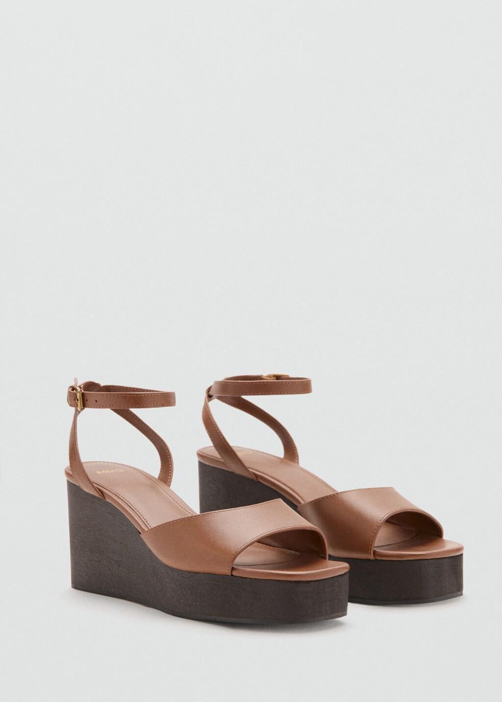 Brown Leather Wedge-Heel Sandals, Medium Brown, large image number 0