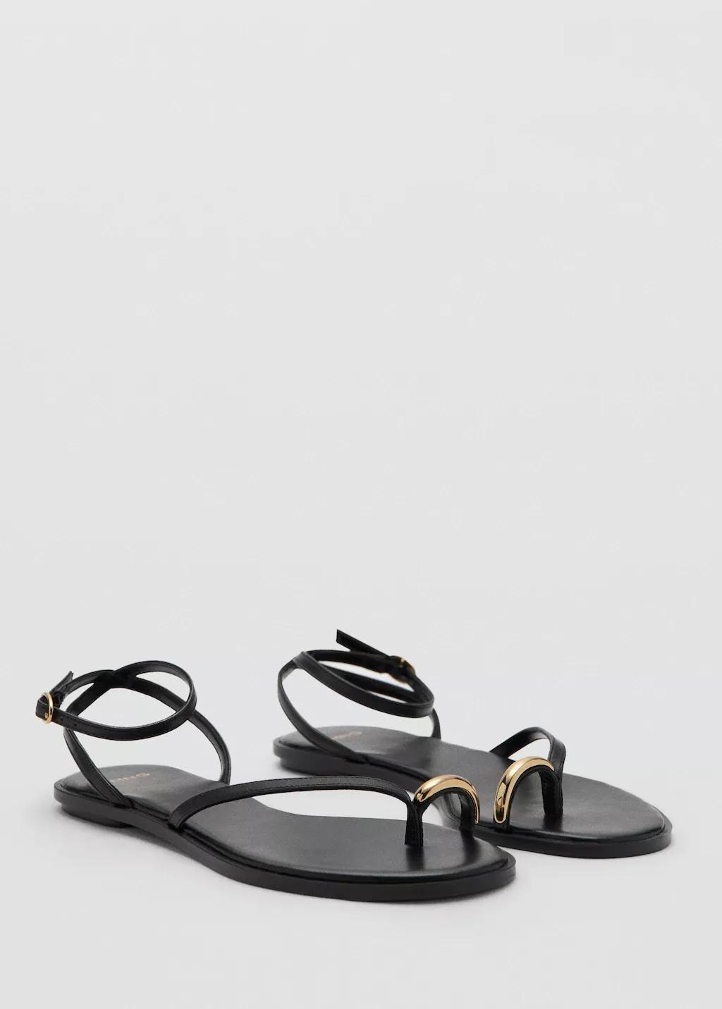 Black Leather Strap Sandals With Metallic Detail, 0201_99, medium