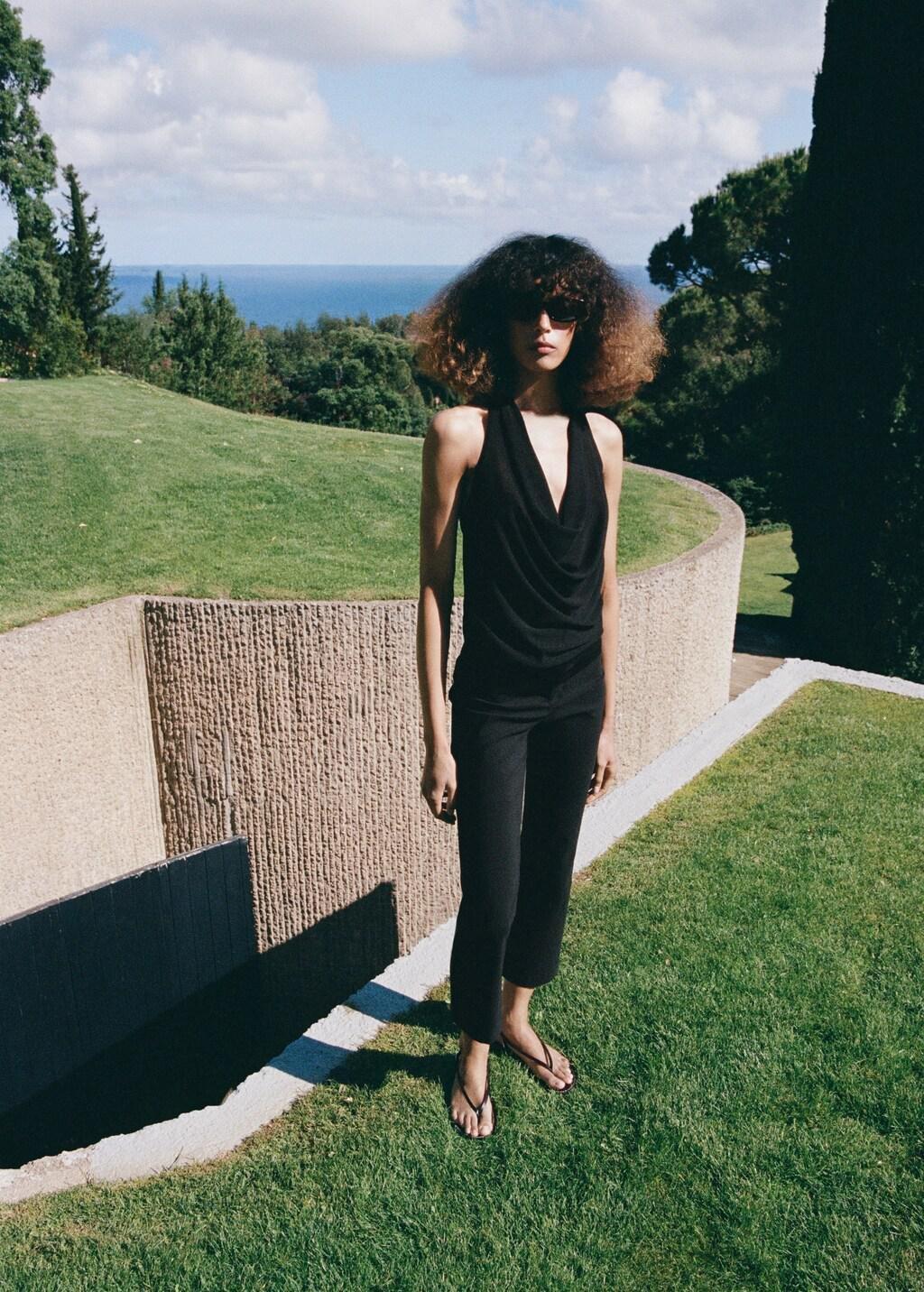 Black Fine-Knit Draped Top, Black, large image number 0