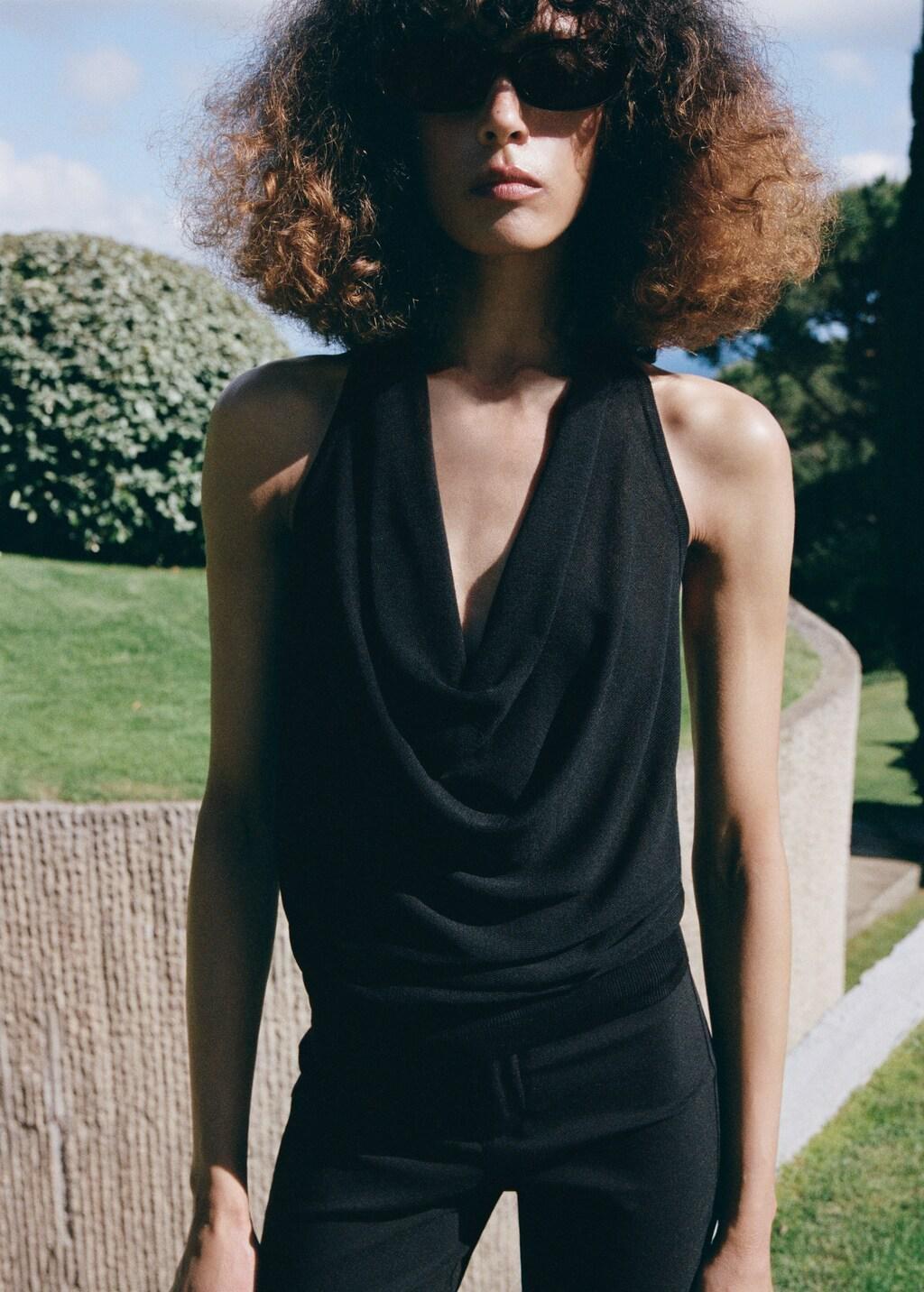 Black Fine-Knit Draped Top, Black, large image number 3