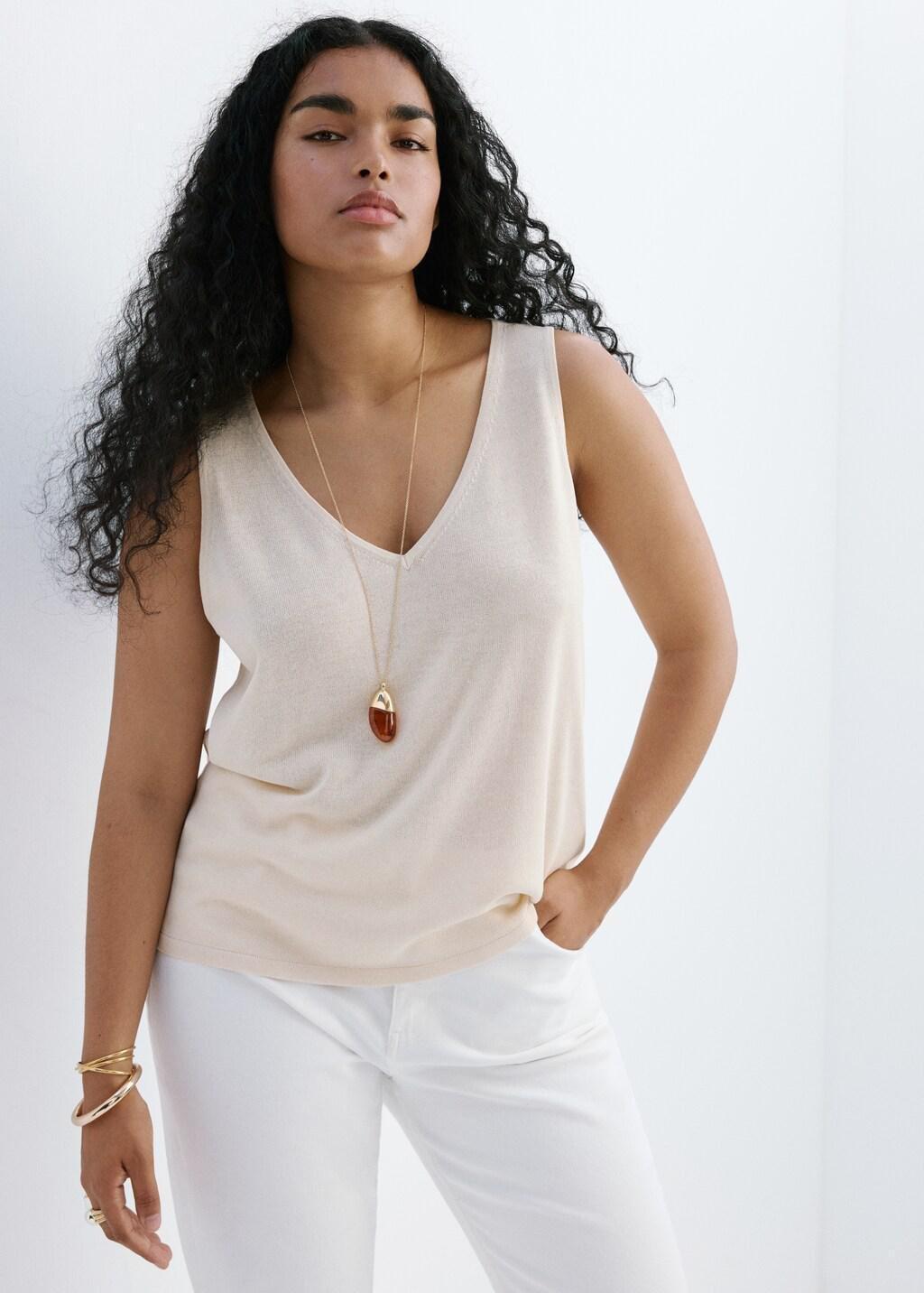 Brown V-Neck Knit Top, Light Pastel Brown, large image number 6