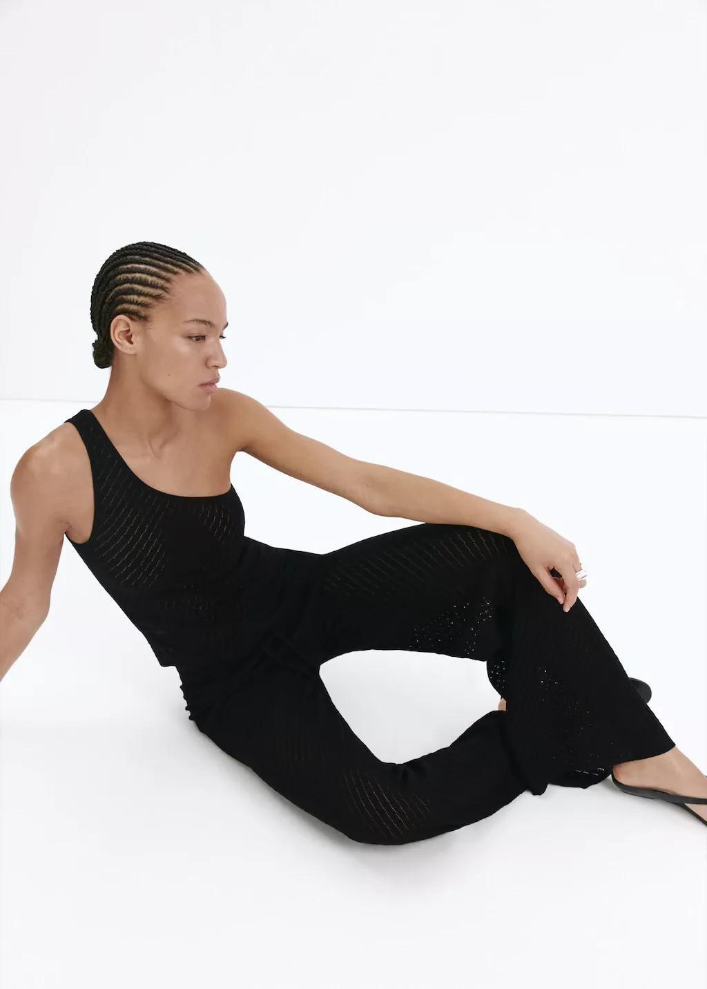 Black Asymmetric Openwork Knit Top, Black, large image number 0