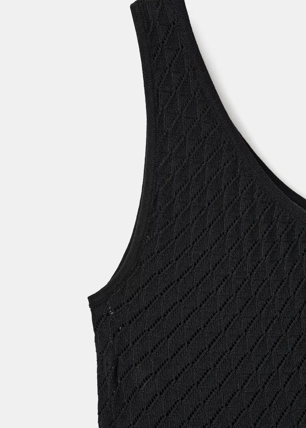 Black Asymmetric Openwork Knit Top, Black, medium