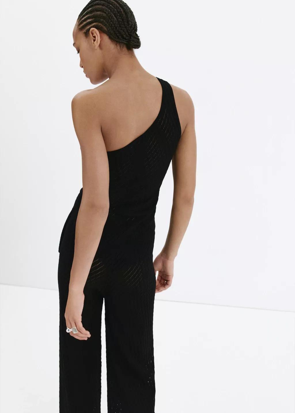 Black Asymmetric Openwork Knit Top, Black, large image number 2