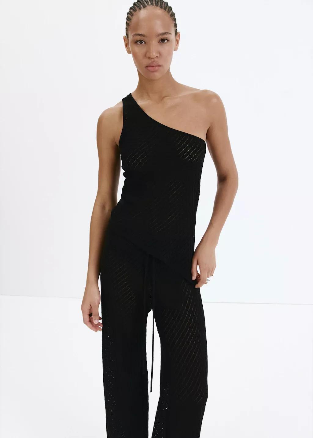 Black Asymmetric Openwork Knit Top, Black, large image number 3