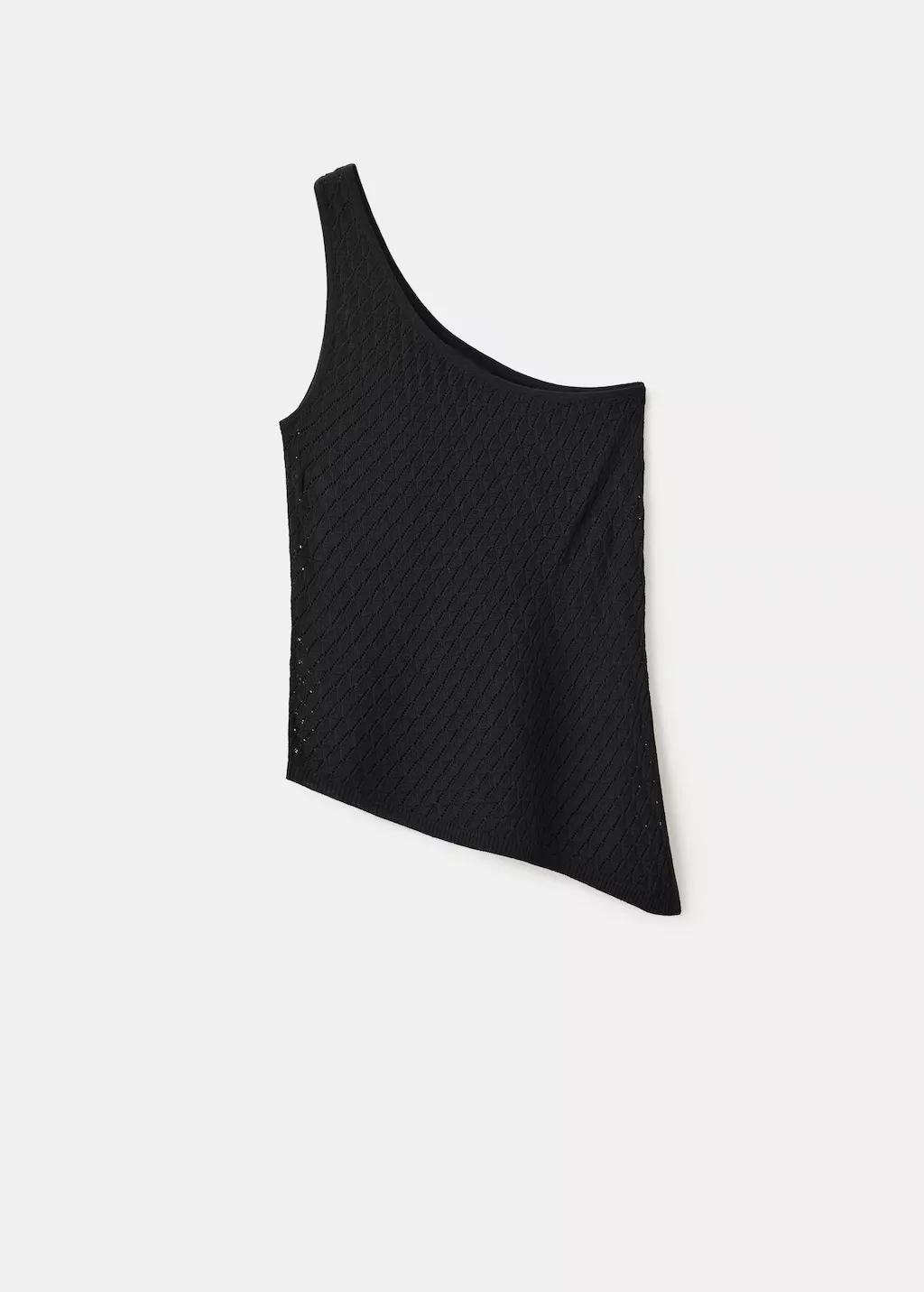 Black Asymmetric Openwork Knit Top, Black, large image number 7