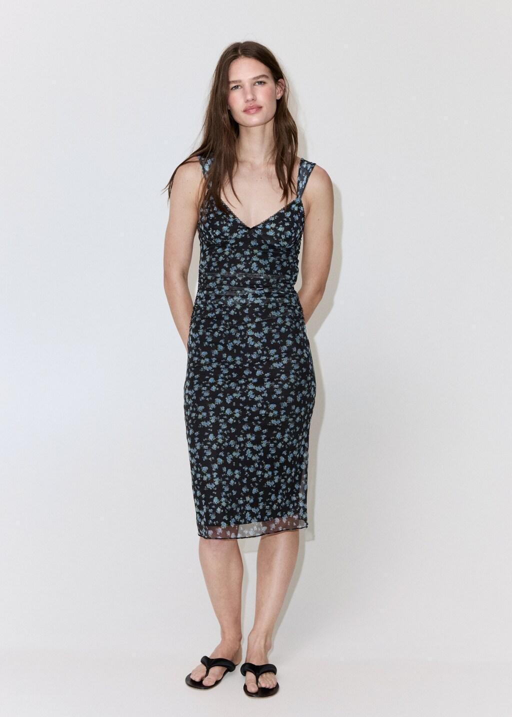 Black Floral Print Tulle Dress, Black, large image number 0