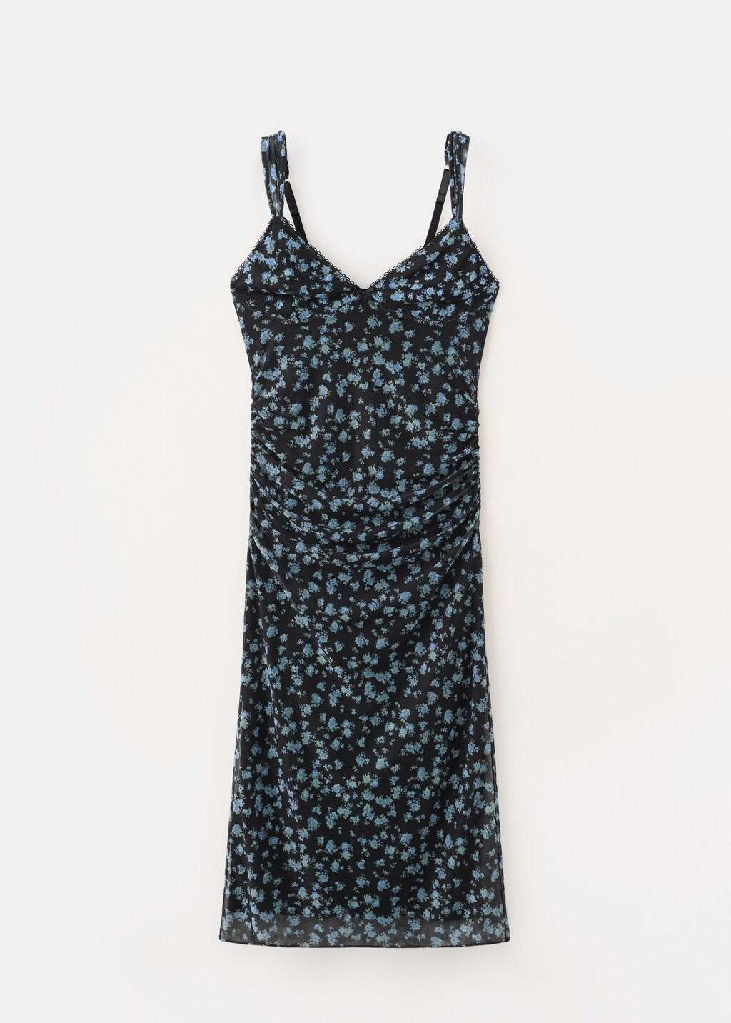 Black Floral Print Tulle Dress, Black, large image number 7