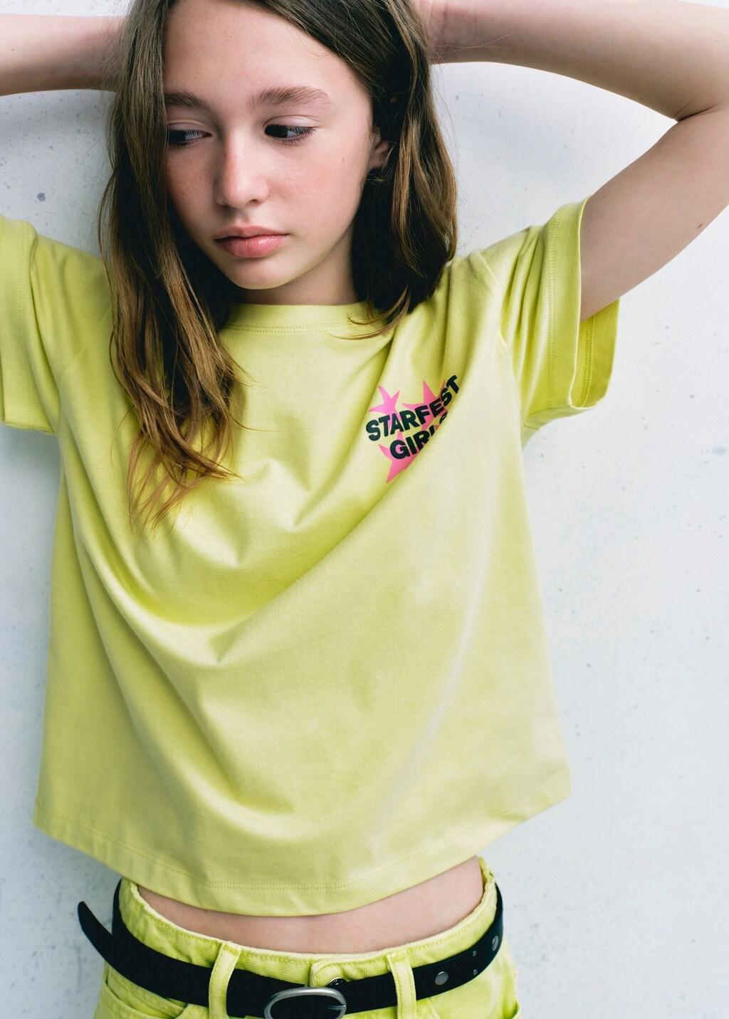 Yellow Printed Cotton-Blend T-Shirt, Kids Girls, Bright Yellow, large image number 4
