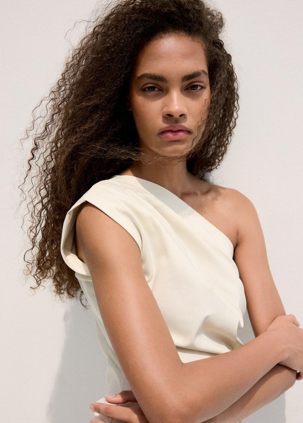 White Asymmetric Neckline Dress With Draped Detail, Natural White, large image number 4
