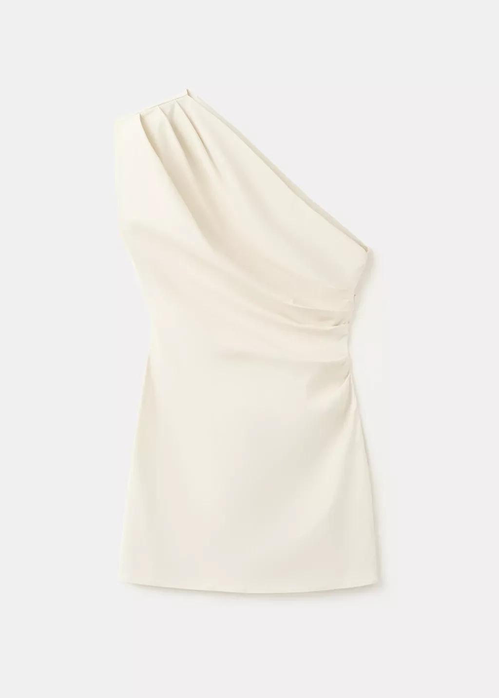 White Asymmetric Neckline Dress With Draped Detail, Natural White, large image number 8
