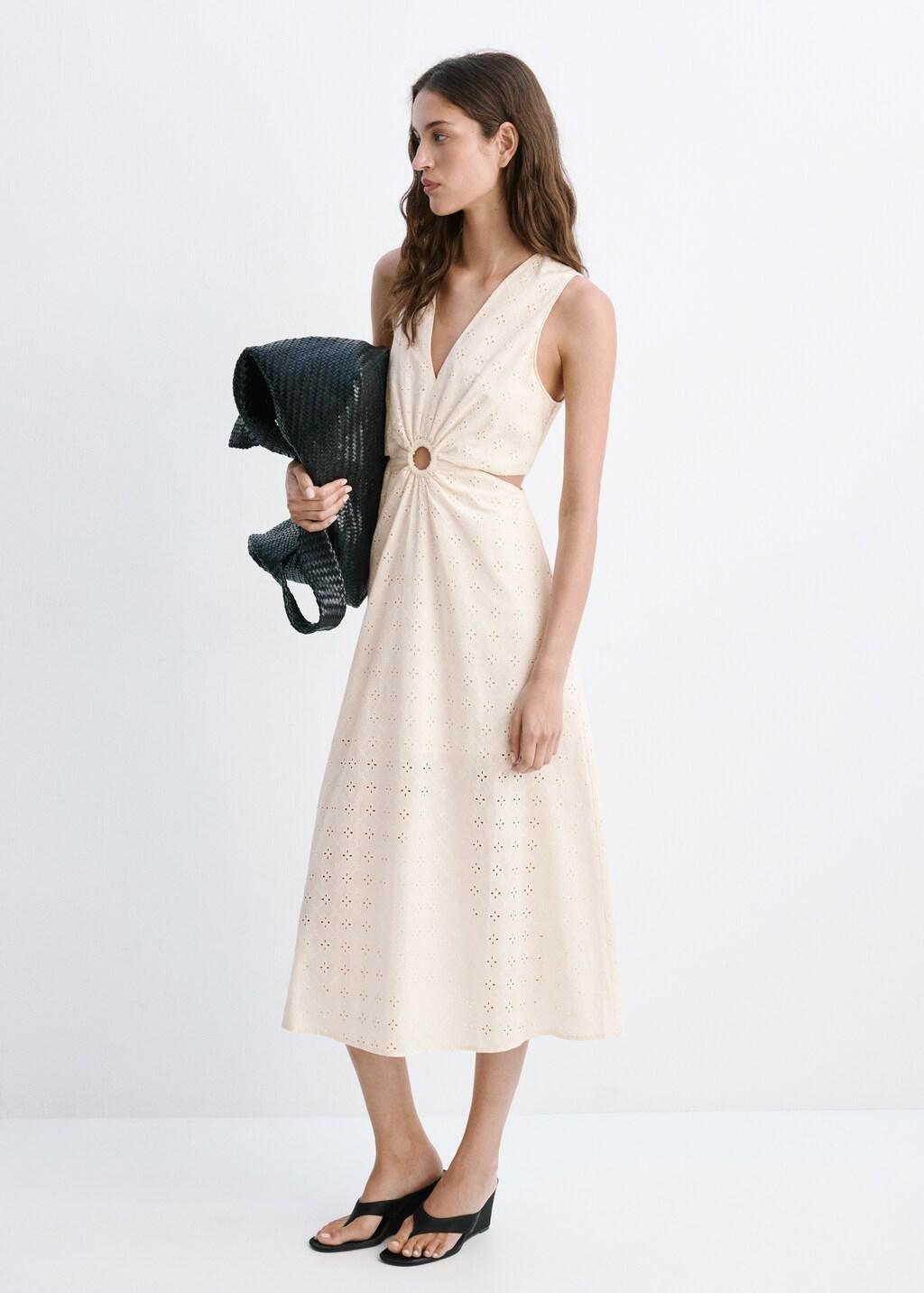 Beige Broderie Anglaise Cotton Cut-Out Dress, Light Beige, large image number 0