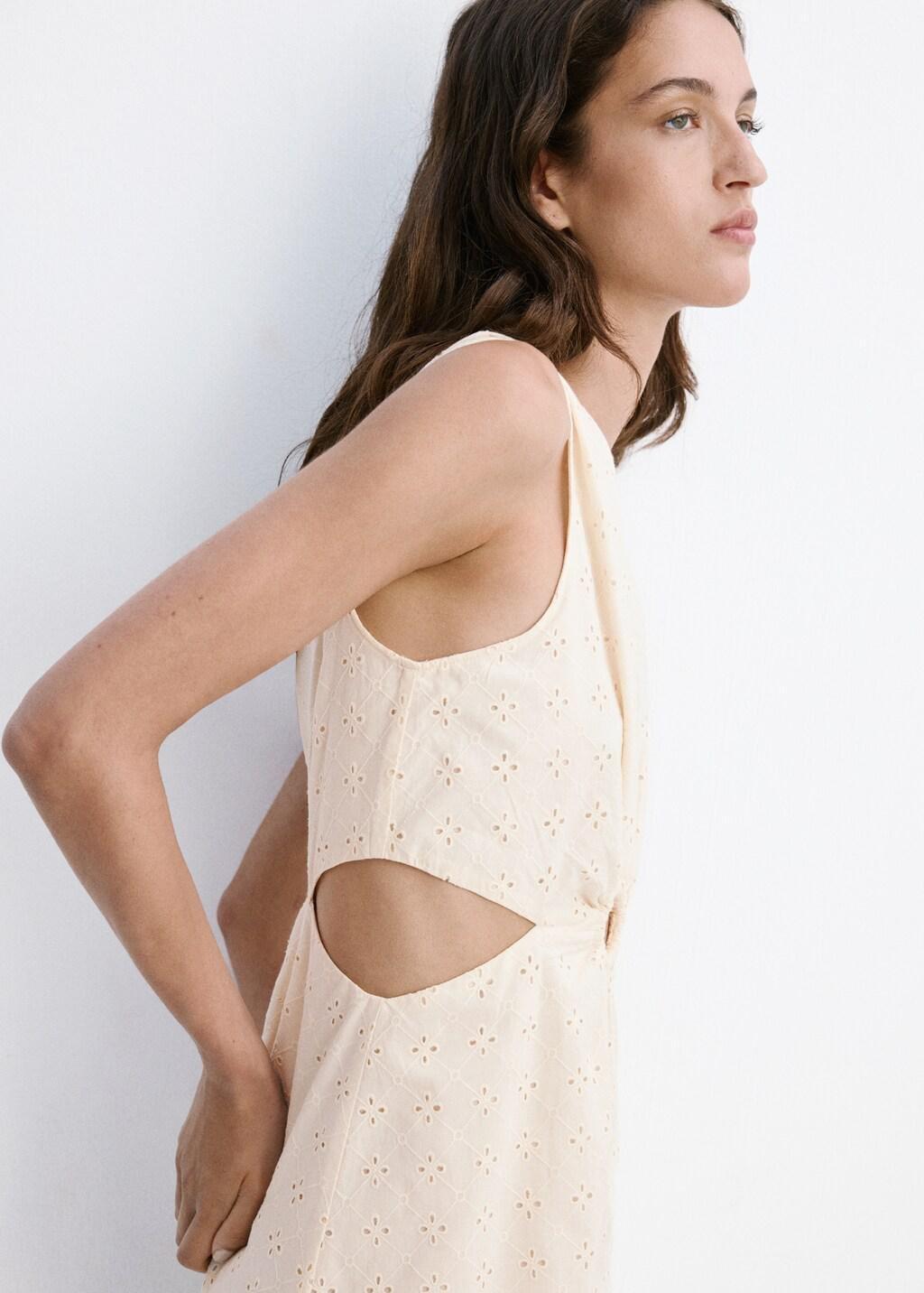 Beige Broderie Anglaise Cotton Cut-Out Dress, Light Beige, large image number 4