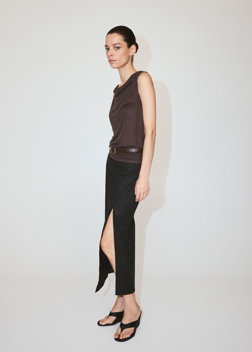 Brown Linen Top With Draped Neck, Brown, medium