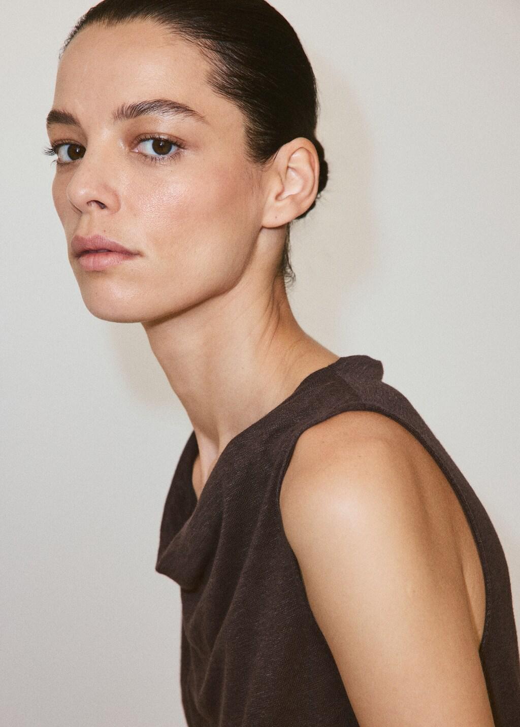 Brown Linen Top With Draped Neck, Brown, large image number 4
