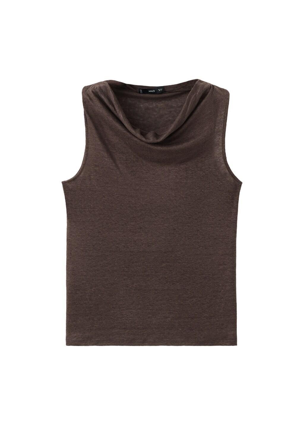 Brown Linen Top With Draped Neck, Brown, large image number 6