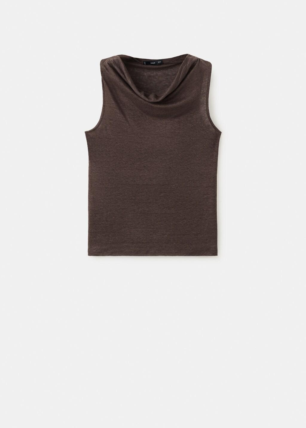 Brown Linen Top With Draped Neck, Brown, large image number 7