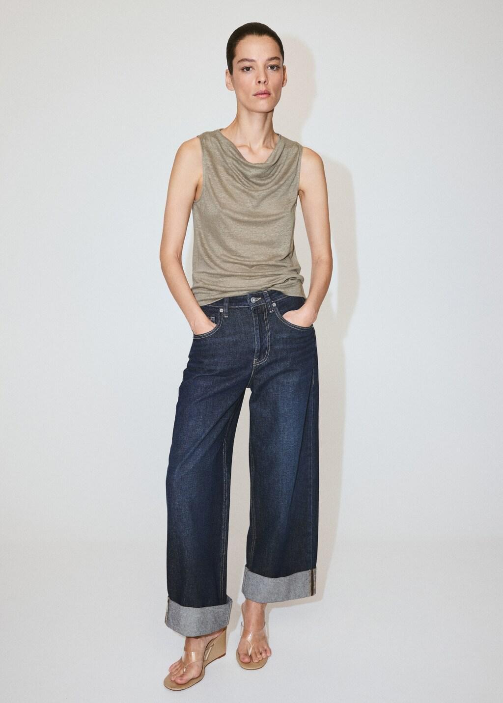 Khaki Linen Top With Draped Neck, Beige - Khaki, large image number 0