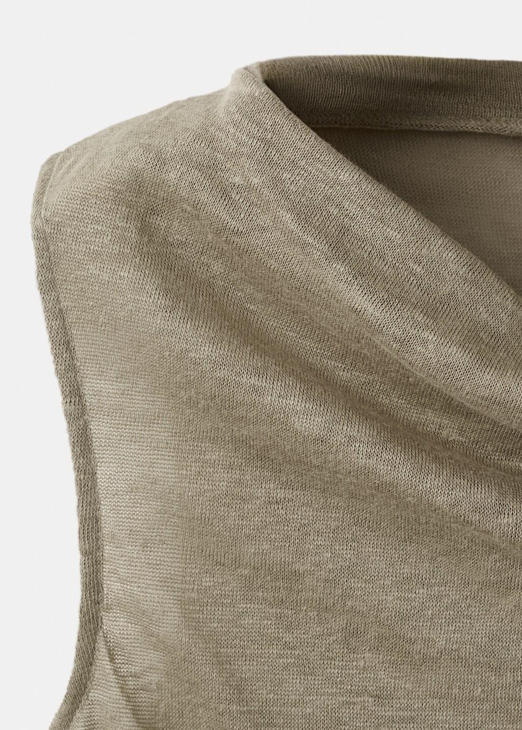 Khaki Linen Top With Draped Neck, Beige - Khaki, large image number 1