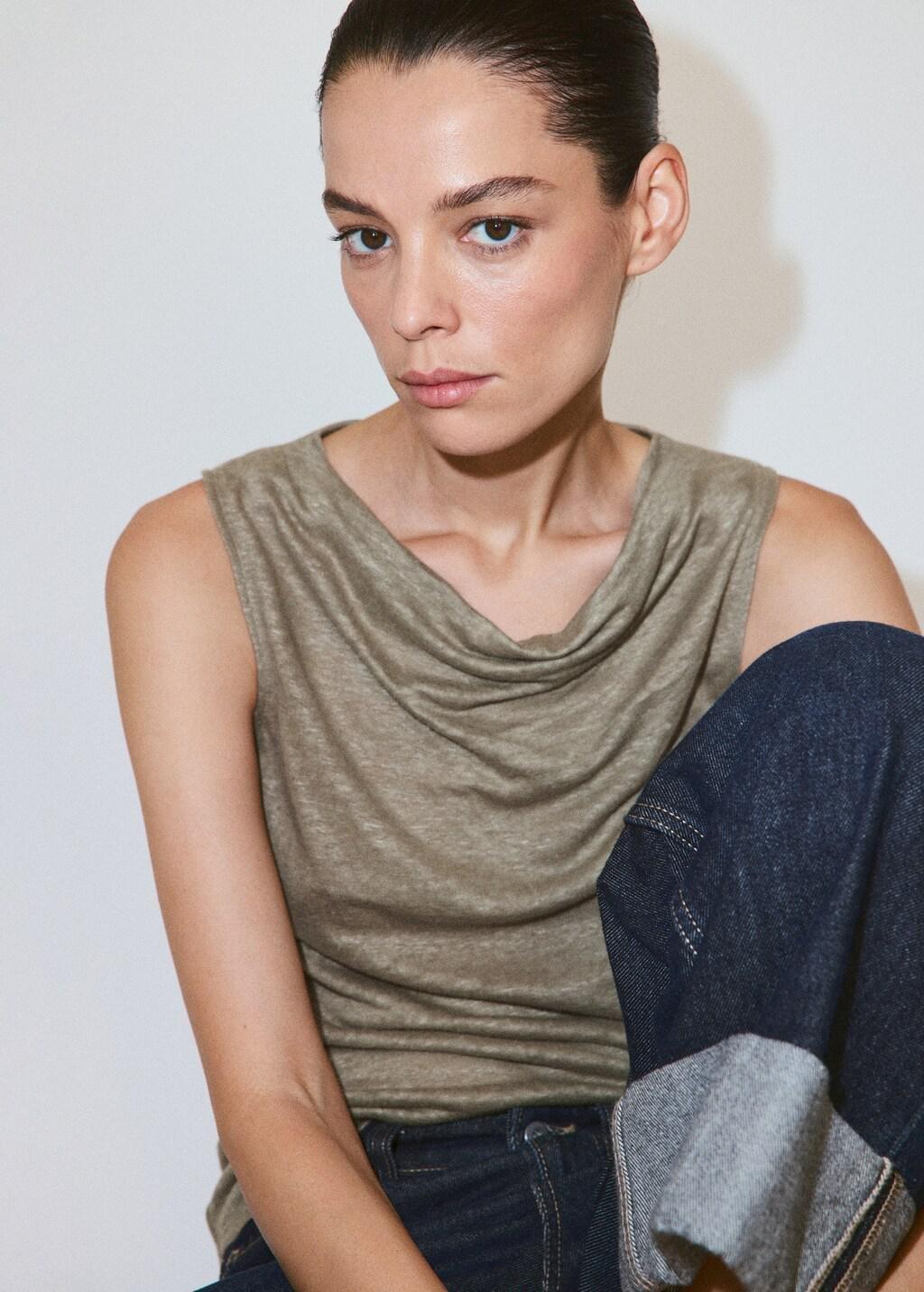 Khaki Linen Top With Draped Neck, Beige - Khaki, large image number 3