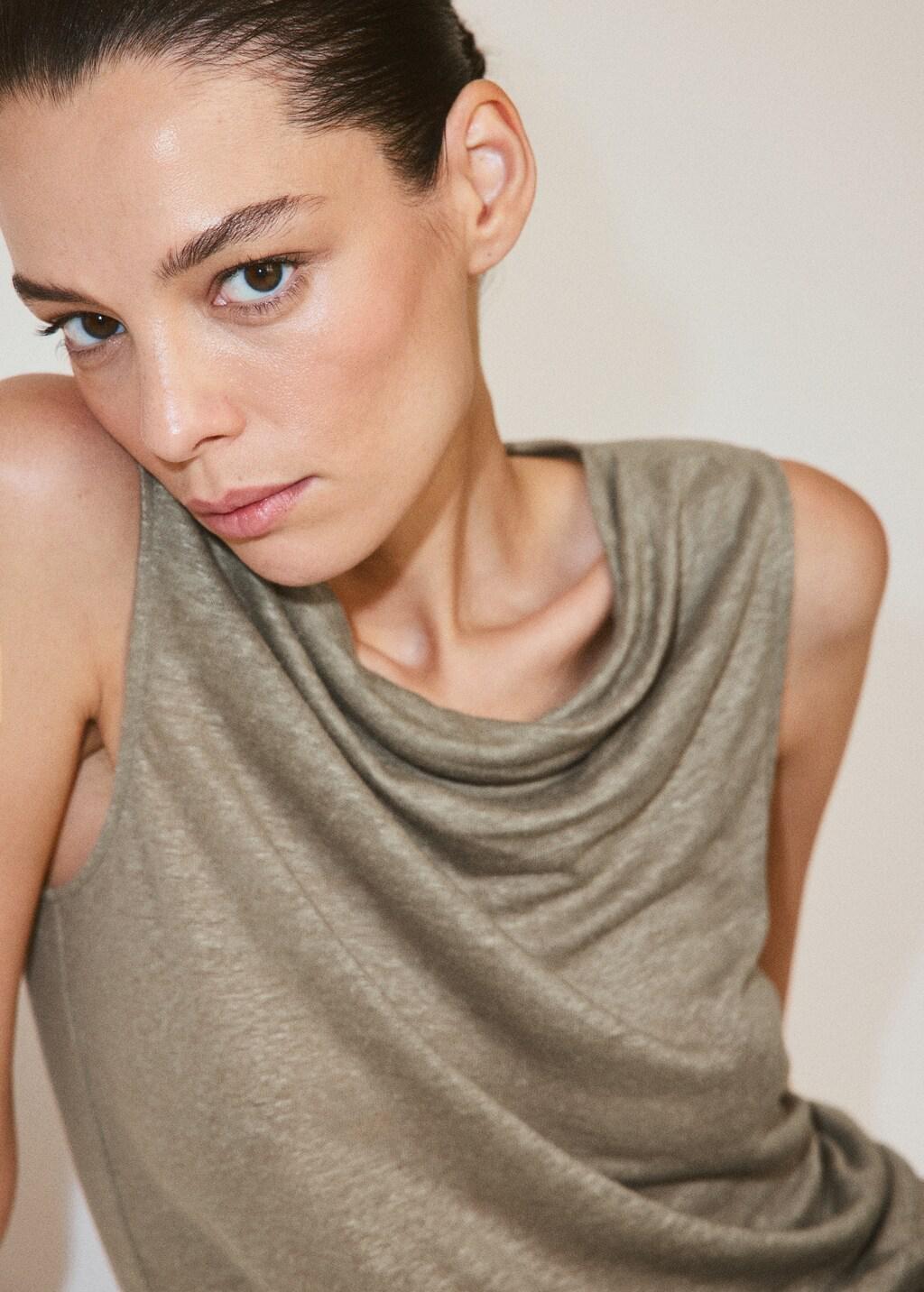 Khaki Linen Top With Draped Neck, Beige - Khaki, large image number 4