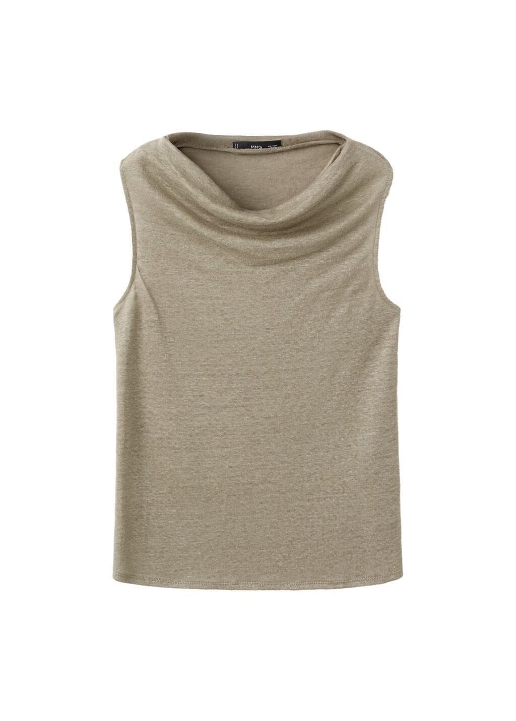 Khaki Linen Top With Draped Neck, Beige - Khaki, large image number 6